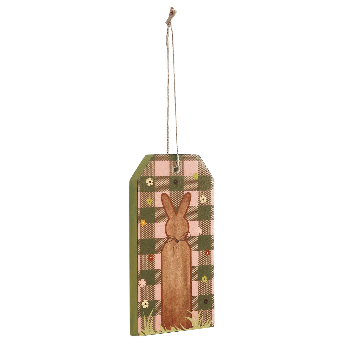 Bunny Hop Bunny on Moss Green Check MDF Tag Ornament w/ Twine 5.6x3x0.5