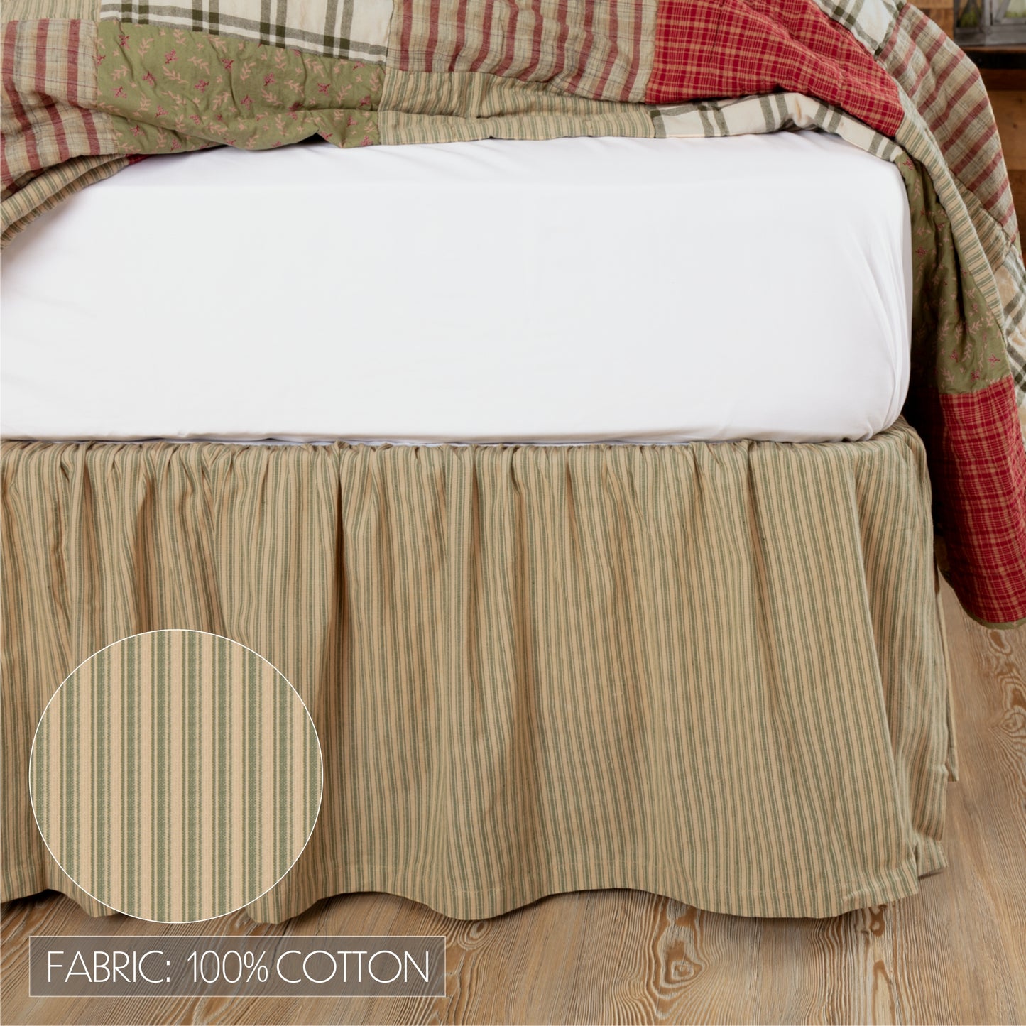 Prairie Winds Green Ticking Stripe Bed Skirt 100% Cotton