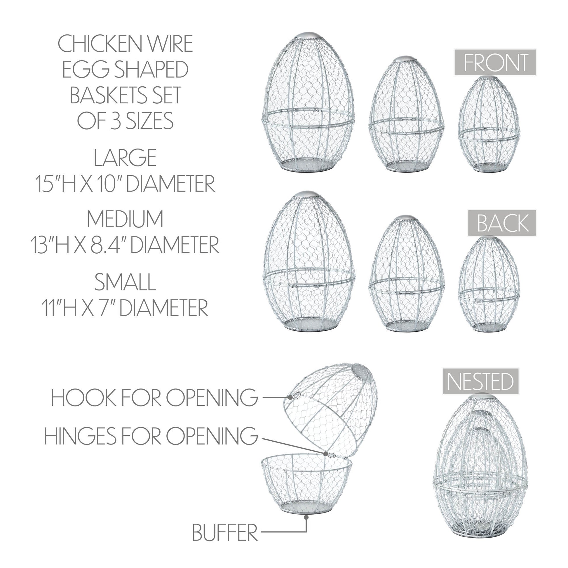 Bunny Hop Chicken Wire Egg Shaped Baskets Set of 3 Sizes