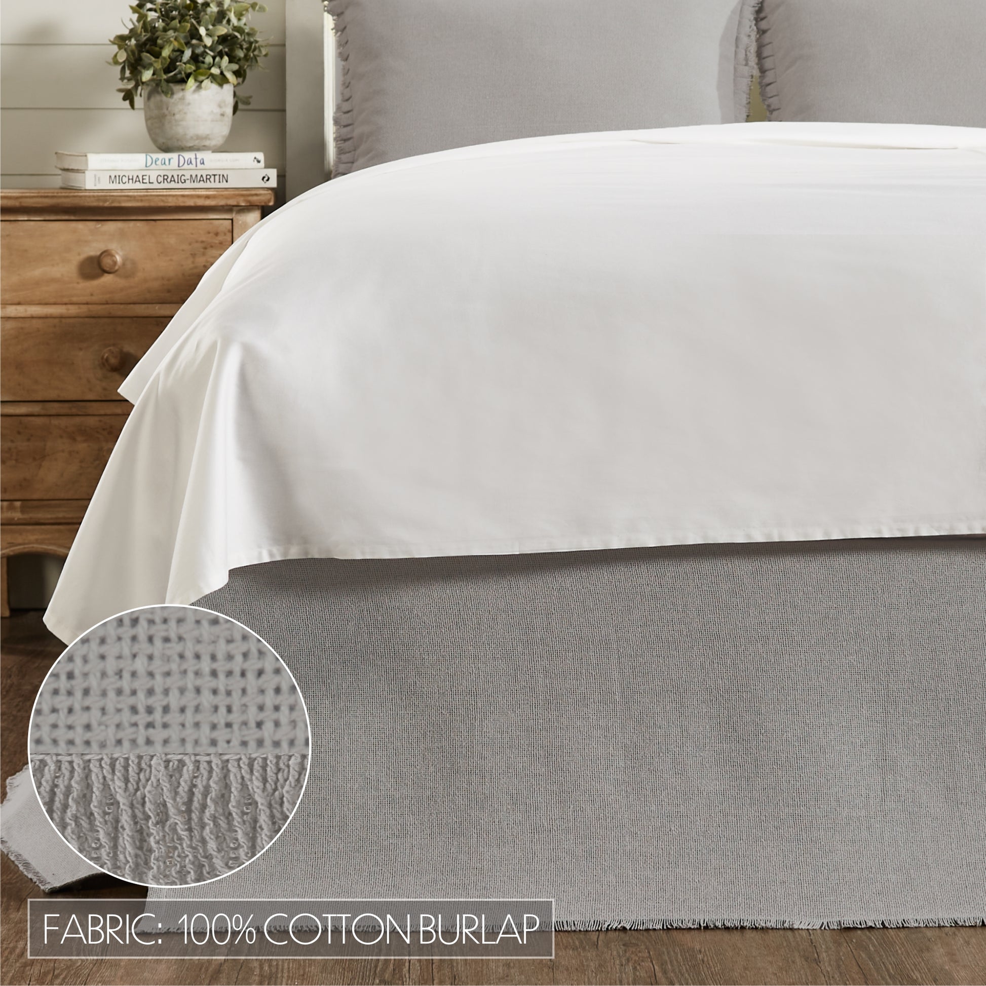 Burlap Dove Grey Fringed Bed Skirt 100% Cotton