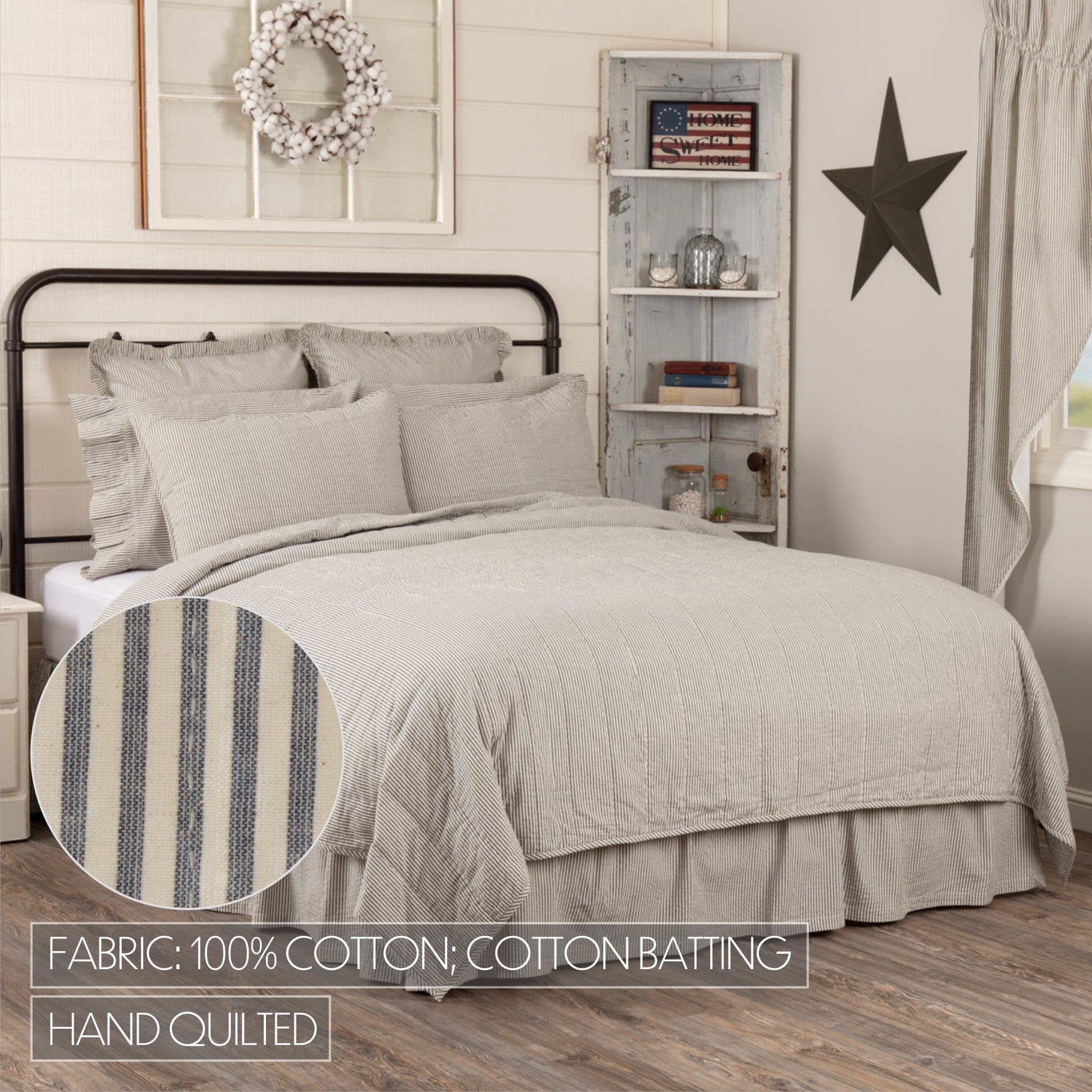 Hatteras Seersucker Blue Ticking Stripe Quilt Coverlet Cotton Batting