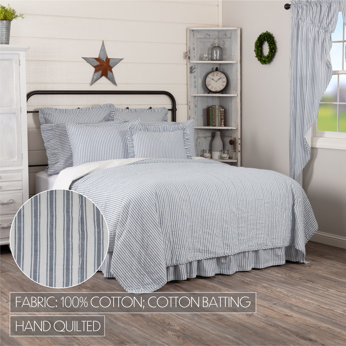 Sawyer Mill Blue Ticking Stripe Quilt Coverlet Farmhouse Style Cotton Batting