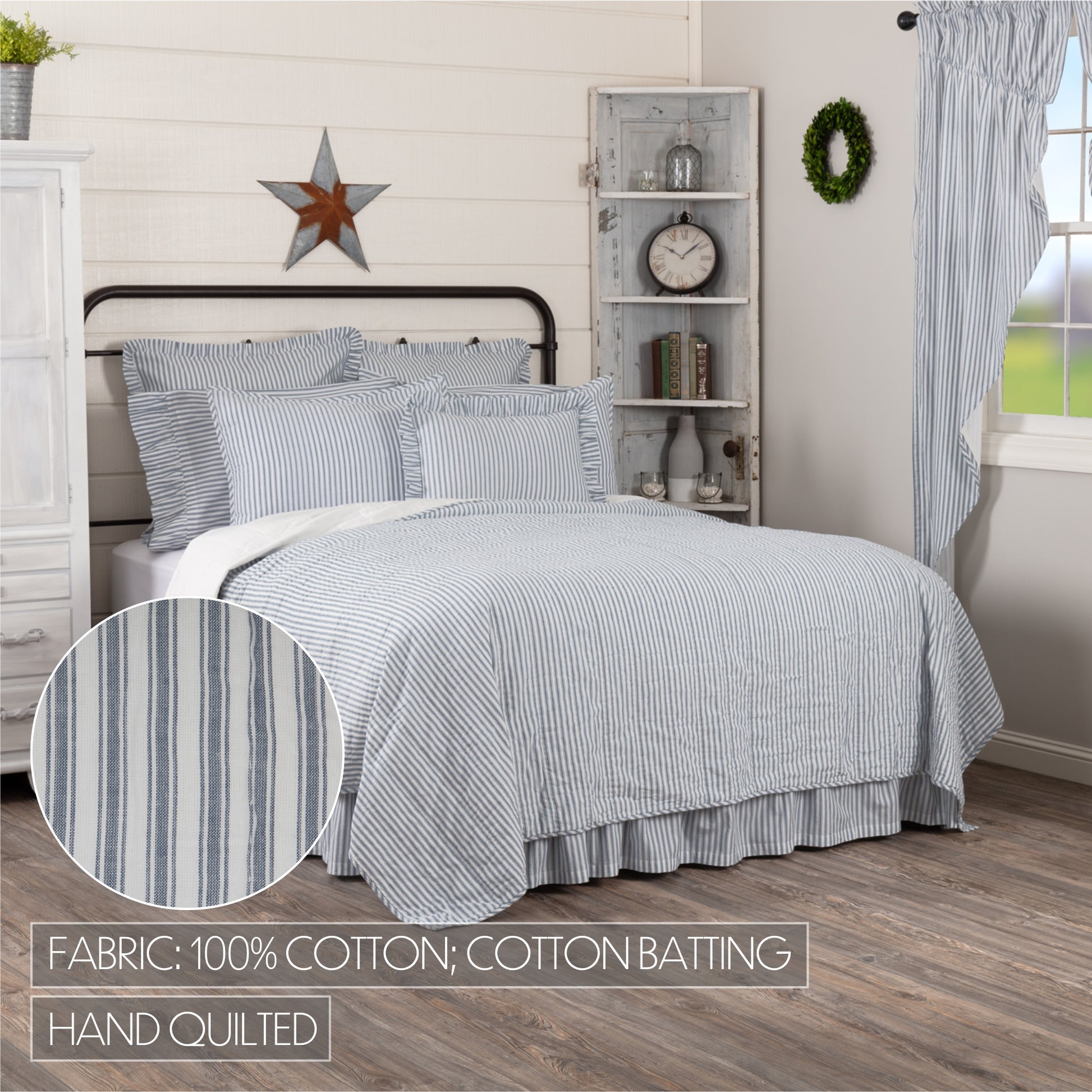 Sawyer Mill Blue Ticking Stripe Quilt Coverlet Farmhouse Style Cotton Batting