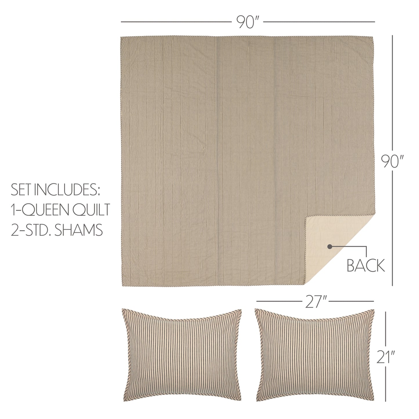 Sawyer Mill Charcoal Ticking Stripe Queen Quilt Set